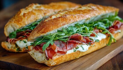 Three fresh prosciutto and mozzarella baguette sandwiches on a wooden board