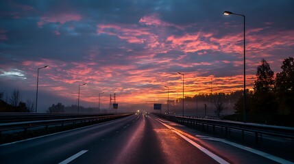 Fototapeta premium Beautiful sunrise over a wet asphalt highway. .