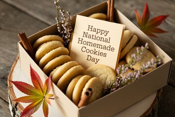 Festive homemade cookies displayed in a box with fall leaves, celebrating National Homemade Cookies Day, showcasing baked goods.