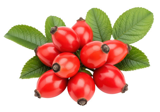 Cluster of Vibrant Red Rose Hips with Green Leaves on rosehip fruit