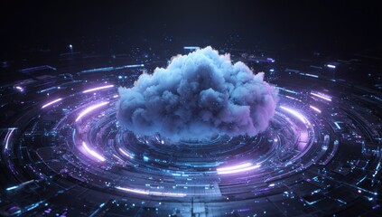 Digital cloud, glowing rings, futuristic tech