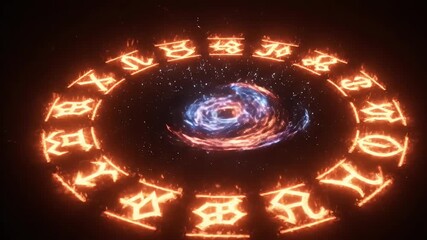 A mesmerizing digital rendering of a vibrant circular energy field, featuring swirling cosmic patterns within a glowing rune-like inscription. - Powered by Adobe