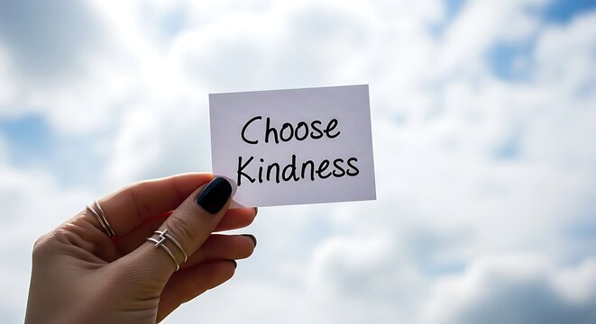 Hand holding a small white card with the words choose kindness written in black ink against a cloudy sky background
