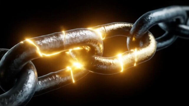 A dark metallic chain with a glowing, broken link in the center is displayed against a black background.