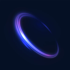 Bright glowing semicircle with flickering glow and bright highlights. Bright blue vector light circle isolated on dark background for design and illustrations.