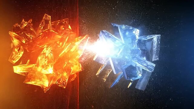 Abstract crystalline forms, orange and blue, clashing