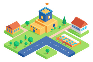 Isometric view of a small town with houses and a central building