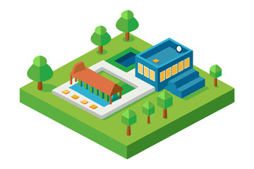 Isometric view of a modern house with a swimming pool and garden