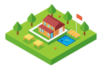 Isometric view of a modern house with a swimming pool and yard
