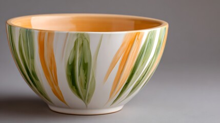 Hand-Painted Ceramic Bowl with Green and Orange Brushstroke Pattern – Close-Up on Modern Artisan Pottery