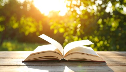 Open book on wooden table, sunlight