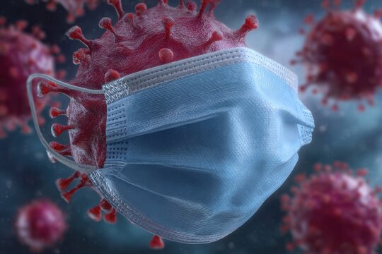Coronavirus particle wearing a protective medical face mask for safety