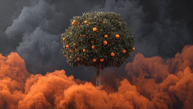 Orange tree amidst smoky clouds