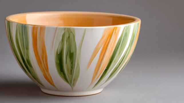 Hand-Painted Ceramic Bowl with Green and Orange Brushstroke Pattern – Close-Up on Modern Artisan Pottery