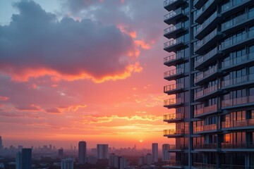A modern skyscraper with glass windows reflecting a vibrant sunset, ideal for real estate or architecture ads
