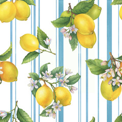 Seamless pattern with hand drawn blue and white stripes background and lemon tree branches. Watercolor, ornament in decorative style. Vintage fashion fabric design, repeat print collection.