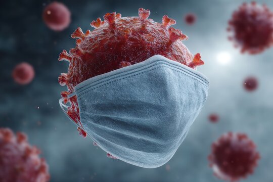 Virus particle wearing a protective face mask amidst a pandemic - Powered by Adobe