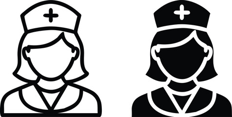 Nurse Icon Vector Set - Black and White Female Medical Character Illustration