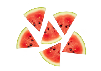 Five triangular watermelon slices arranged on a fruit