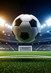 Fototapeta premium Soccer Ball Floating in Bright Stadium with Goal and Lights