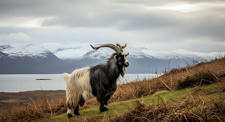 A billy goat standing on a grassy hill with mountains and a body of water in the background scenery