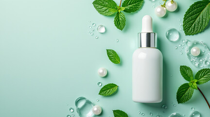 Minimalist Cosmetic Bottle Surrounded by Fresh Mint Leaves and Pearls on Soft Background