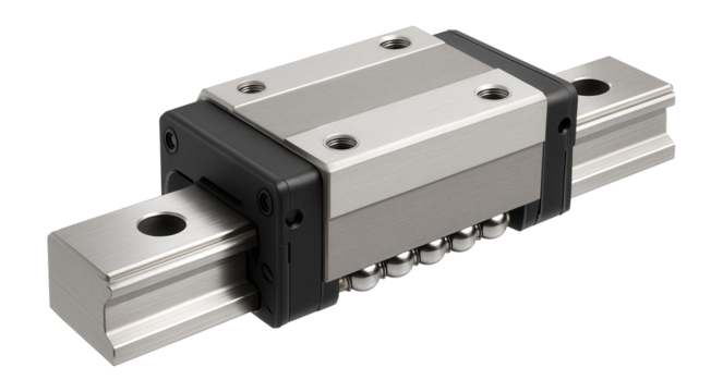 Linear motion guide with a recirculating ball bearing system for precision alignment in an automated assembly line.