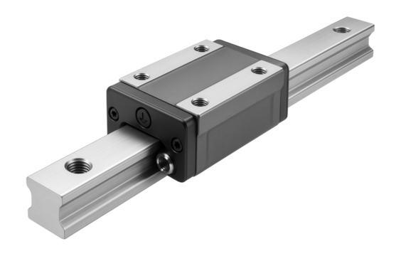 Aluminum linear guide rail with anodized finish for lightweight applications in an aerospace component factory.