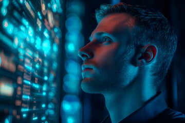 Young man analyzing data on futuristic digital screen in dark technology environment.