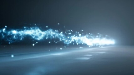 A stream of glowing blue particles trails across a dark surface, leaving a faint light reflection. - Powered by Adobe