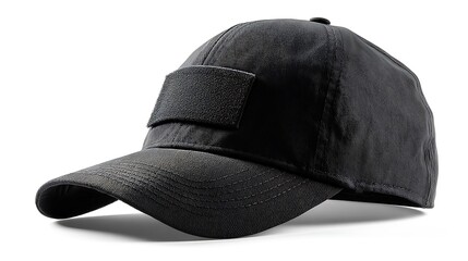 Black baseball cap with black patch for your logo. Mockup. A blank for the work of a designer. Isolate on a white background. Accessory for athletes, baseball players, bikers, .