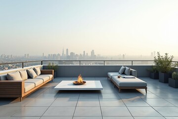 A minimalist rooftop terrace with city views and modern furniture, ideal for real estate or lifestyle ads