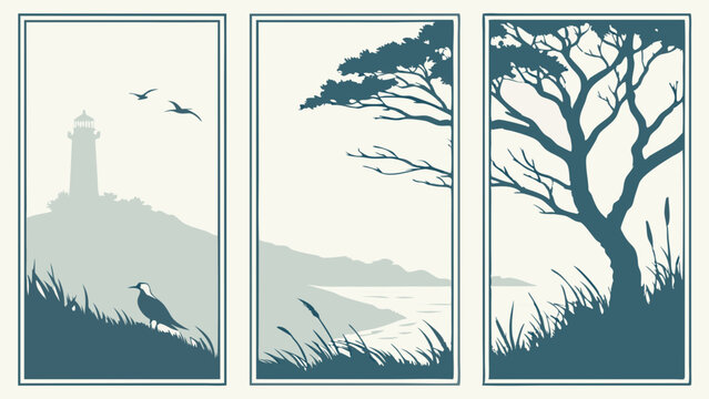 Vector Serene triptych of abstract landscapes showcases lighthouse, birds, and tree