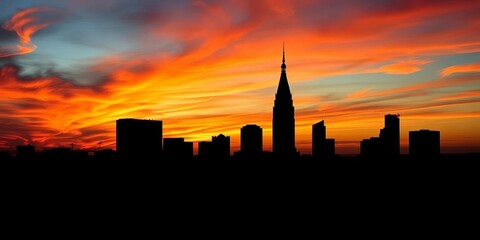 Dark silhouette of New Orleans skyline at sunset against fiery sky, horizon, twilight