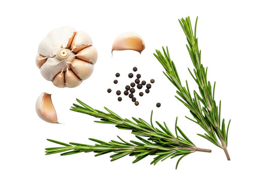 Fresh garlic rosemary and peppercorns arranged on spice herb
