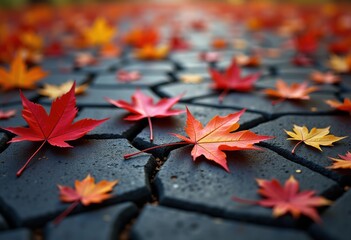 Obraz premium cracked asphalt detail colorful autumn leaves vibrant contrast textures nature close, fallen, orange, yellow, brown, garden, flora, pebbles, soil, bright, surface