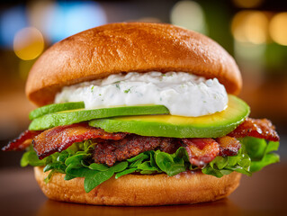 Fresh avocado bacon burger with creamy herb sauce