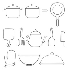 Kitchen utensils line art set. Set of hand drawn kitchen utensils includes pot, pan, spatula, cutting board, knife, bowl and more. Perfect for culinary themed design, recipe book, and cooking blogs