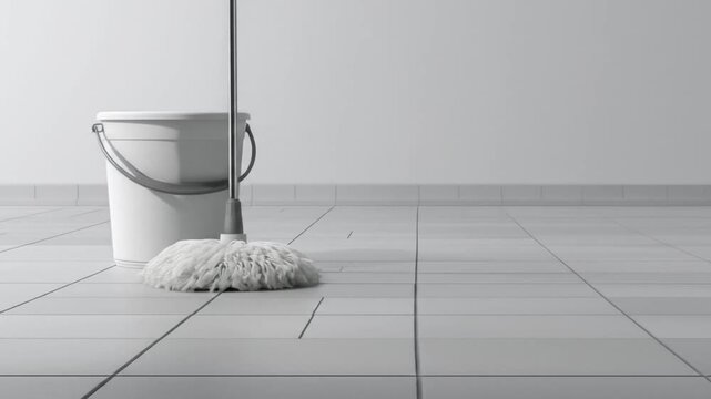 A white bucket and mop stand on a gray tiled floor against a white wall.