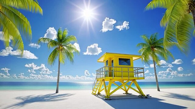 Sunny beach scene with a bright yellow lifeguard stand, palm trees, and clear blue sky - Powered by Adobe