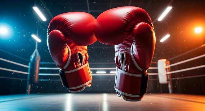 Red Boxing Gloves in Boxing Ring Under Bright Overhead Lights
