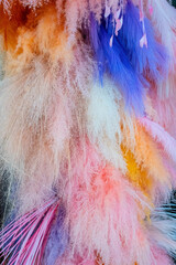 A vibrant photograph featuring a dense accumulation of fluffy feathers in various colors. The feathers are intertwined, creating a soft, textured, and visually rich tapestry-like effect
