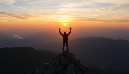 Atop a majestic mountain peak, hands raised in gratitude towards a breathtaking sunrise, hills, awe