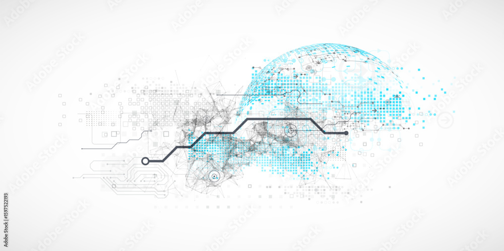 Wall mural abstract technology concept. used blue squares, tech lines and plexus effect. vector illustration.