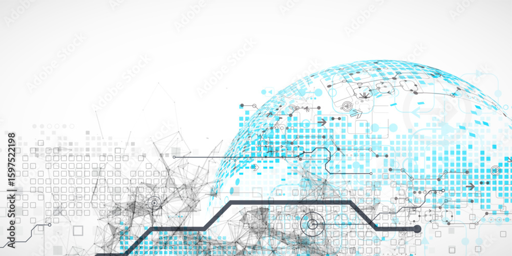 Wall mural abstract technology concept. used blue squares, tech lines and plexus effect. vector illustration.