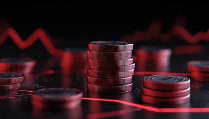 Stack of coins on a dark background with red chart lines