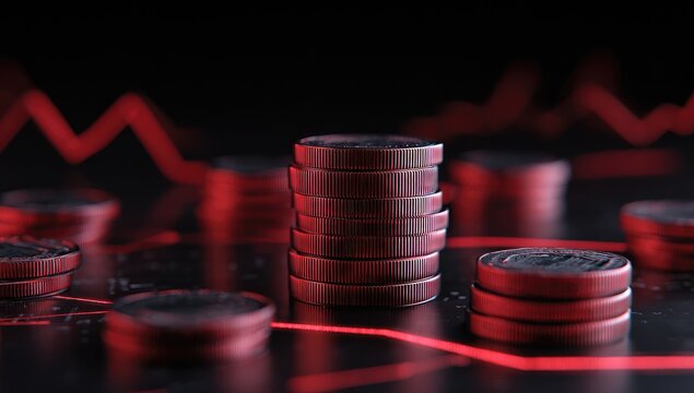 Stack of coins on a dark background with red chart lines