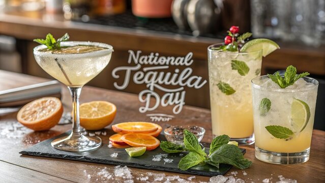 Colorful glass of tequila cocktail in tropical golden hour scene. - Powered by Adobe