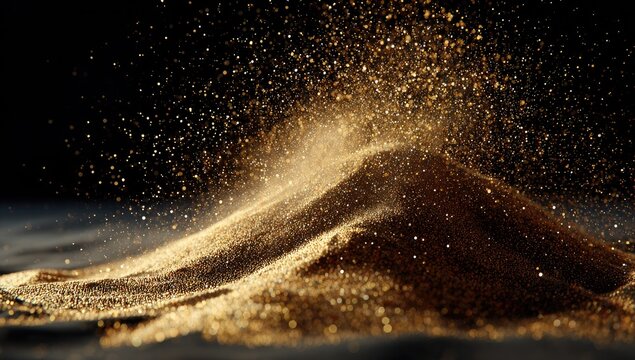 Golden particles showering dark brown powder mound