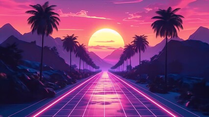 Retro sunset road through palm trees